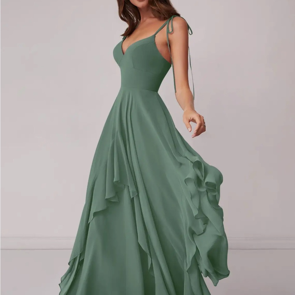 Azazie Eucalyptus A-line Bow Chiffon Dress - Picture 4 of 7